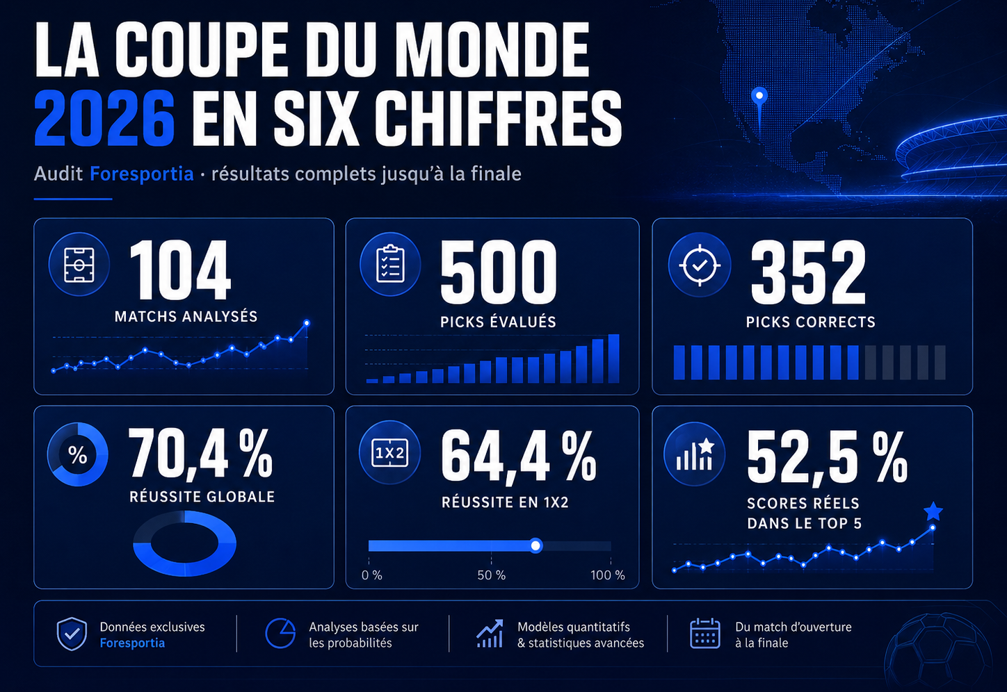 Bilan Foresportia de la Coupe du monde 2026 en six chiffres : 104 matchs, 500 picks, 352 picks corrects, 70,4 % de réussite globale, 64,4 % en 1X2 et 52,5 % de scores réels dans le top 5