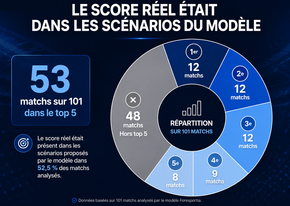 Le score réel était classé premier 12 fois, deuxième 12 fois, troisième 12 fois, quatrième 9 fois et cinquième 8 fois