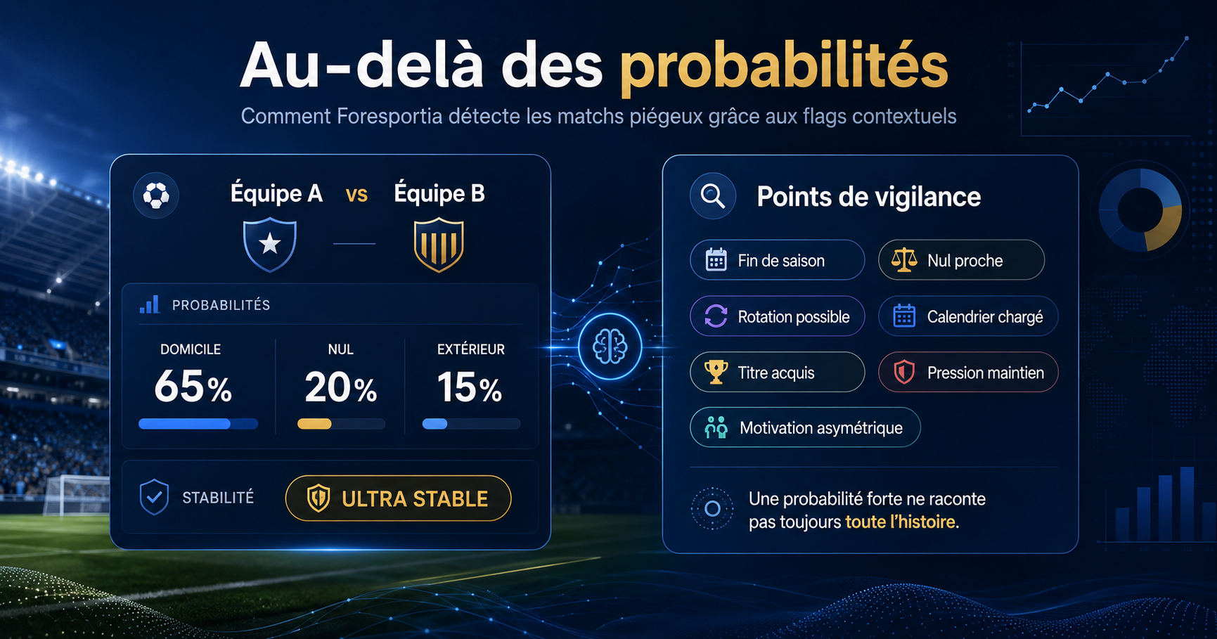 Illustration Foresportia montrant les probabilités 1X2, le badge de stabilité et les flags contextuels de vigilance